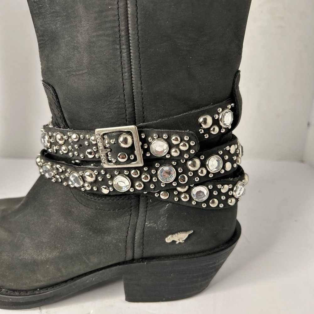 Sz 8 - ROCKET DOG Black Leather Silver Studded Rhinestone Buckle Biker Boots - Picture 3 of 15